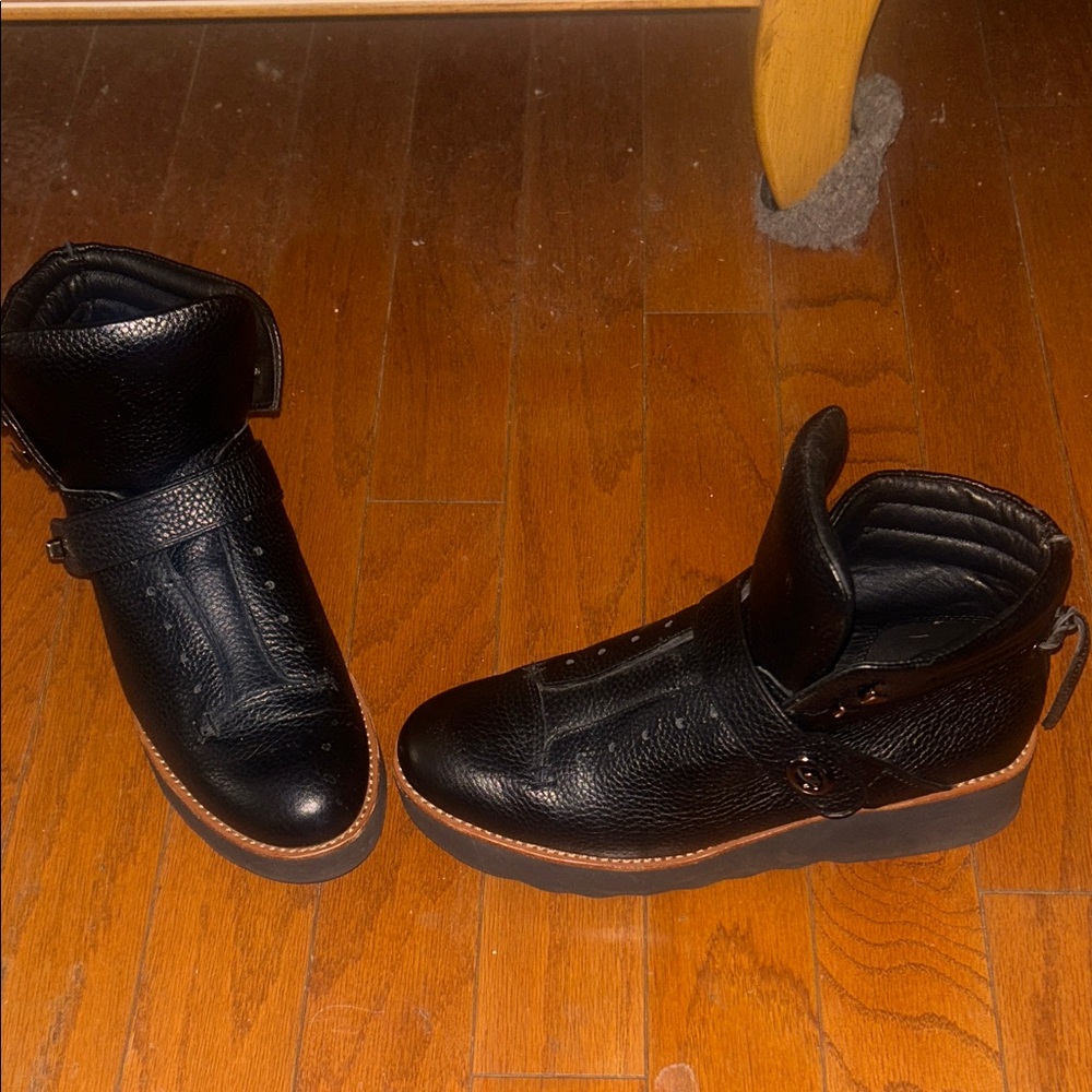 Coach Black Leather Platform Ankle Boots with Brown Trim